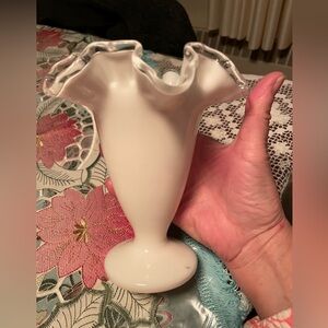 Vintage Fenton White Silver Crest Double Crimped Ruffled Trumpet Glass Vase 7 in